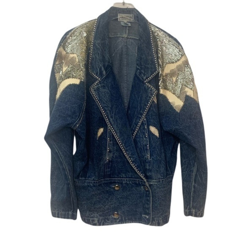 Vintage 80’s Gold Sequins Studded Oversized Blue Denim Rocker Jean Jacket